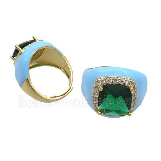 Copper Ring Pave Crystal Blue Enamel Adjustable Gold Plated