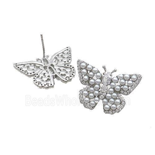 Copper Butterfly Stud Earring Pave Shell Platinum Plated