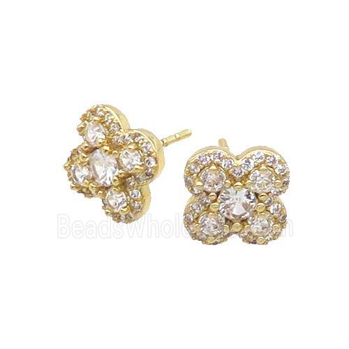 Copper Stud Earring Pave Zircon Clover Gold Plated