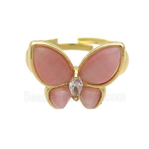 Copper Butterfly Ring Pave Pink Catseye Adjustable Gold Plated