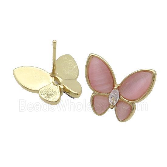 Copper Butterfly Stud Earring Pave Pink Catseye Gold Plated