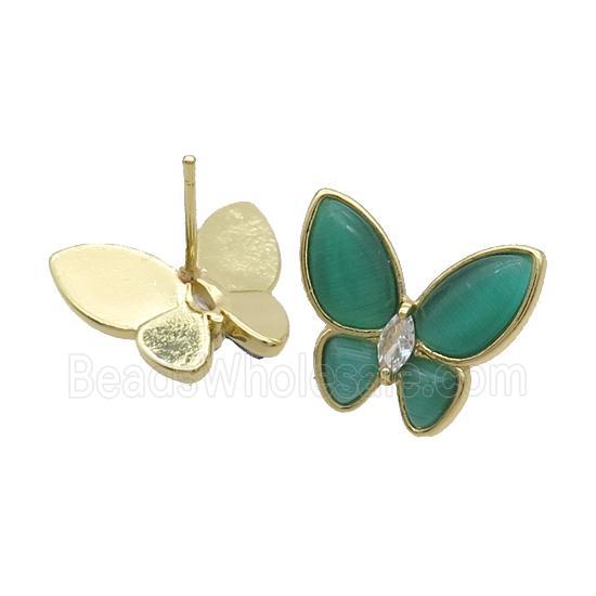 Copper Butterfly Stud Earring Pave Green Catseye Gold Plated