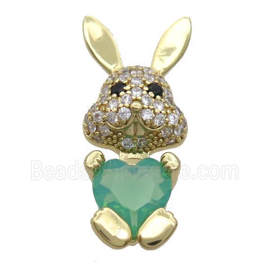 Copper Rabbit Pendant Pave Zircon Green Crystal Gold Plated