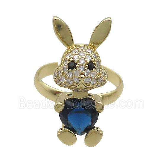 Copper Rabbit Ring Pave Zircon Blue Crystal Adjustable Gold Plated
