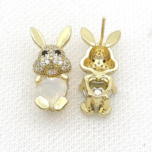 Copper Rabbit Stud Earring Pave Zircon White Crystal Gold Plated