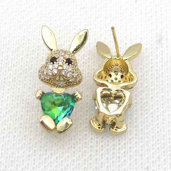 Copper Rabbit Stud Earring Pave Zircon Green Crystal Gold Plated