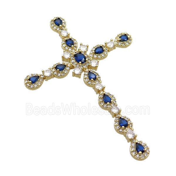 Copper Cross Pendant Pave Blue Crystal Glass Gold Plated