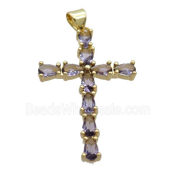 Copper Cross Pendant Pave Purple Crystal Glass Gold Plated
