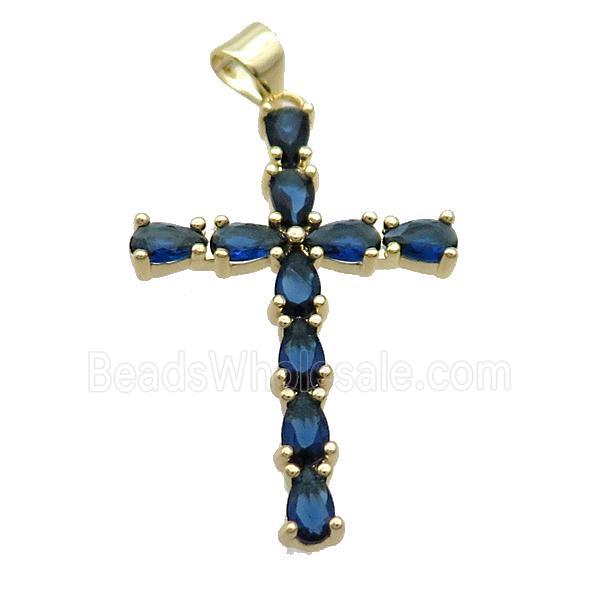Copper Cross Pendant Pave Blue Crystal Glass Gold Plated