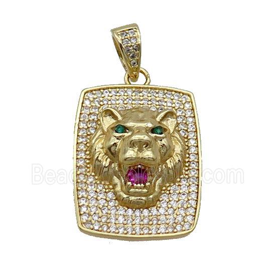 Copper Lion Pendant Pave Zircon Rectangle Gold Plated