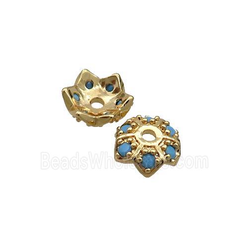 Copper Beadcaps Pave Turq Zircon Gold Plated