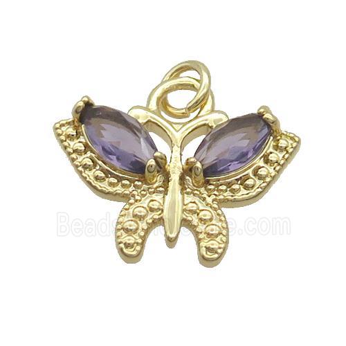 Copper Butterfly Pendant Pave Purple Crystal Glass Gold Plated