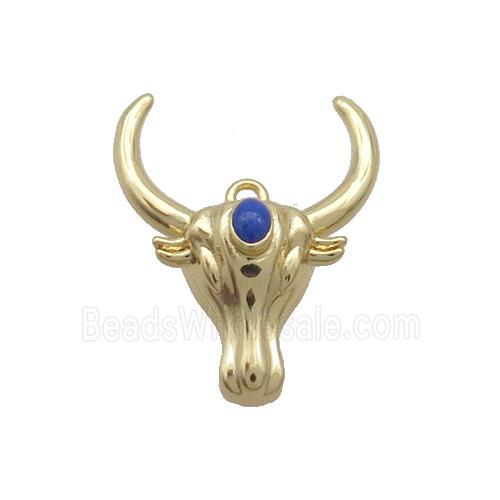 Copper Bullhead Pendant Pave Blue Crystal Gold Plated