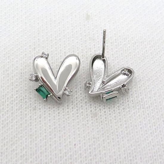 Copper Heart Stud Earring Pave Zircon Platinum Plated
