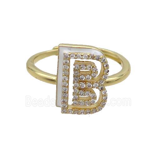 Copper Ring Pave Zircon B-Letter Adjustable White Enamel Gold Plated