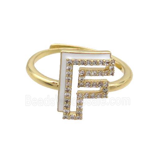Copper Ring Pave Zircon F-Letter Adjustable Enamel Gold Plated