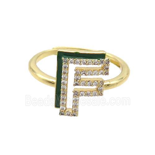 Copper Ring Pave Zircon F-Letter Adjustable Enamel Gold Plated