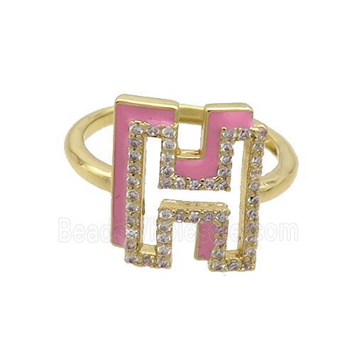 Copper Ring Pave Zircon H-Letter Adjustable Enamel Gold Plated