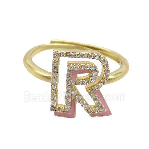 Copper Ring Pave Zircon R-Letter Adjustable Enamel Gold Plated