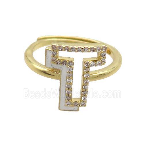 Copper Ring Pave Zircon T-Letter Adjustable Enamel Gold Plated