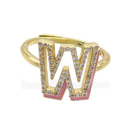 Copper Ring Pave Zircon W-Letter Adjustable Enamel Gold Plated