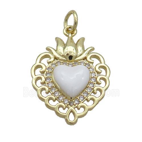 Copper Heart Pendant Pave Zircon White Enamel Gold Plated