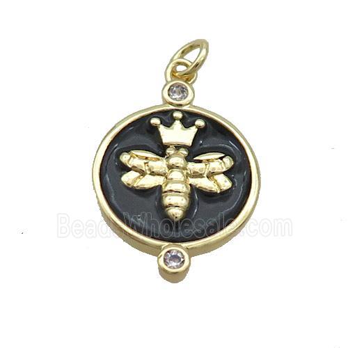 Copper Honeybee Pendant Circle Black Enamel Gold Plated