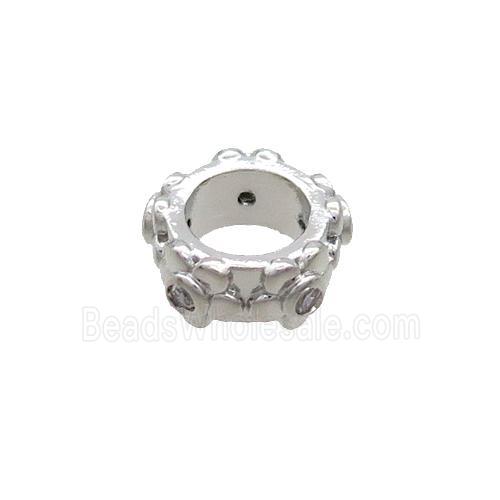 Copper Rondelle Beads Pave Zircon Large Hole Platinum Plated