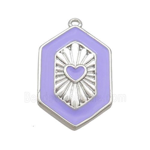 Copper Hexagon Pendant Lavender Enamel Heart Platinum Plated