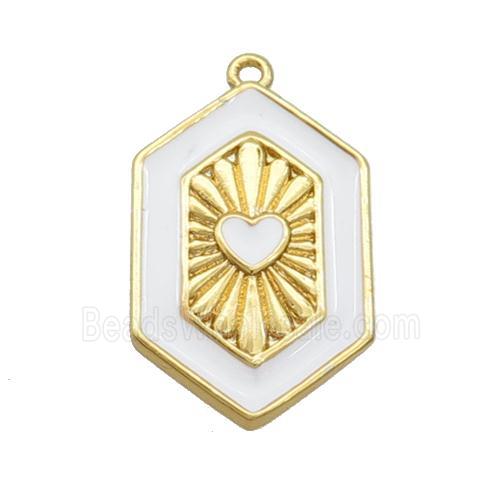 Copper Hexagon Pendant White Enamel Heart Gold Plated