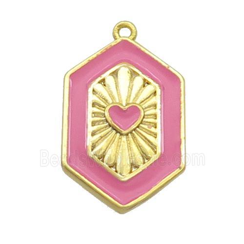 Copper Hexagon Pendant Pink Enamel Heart Gold Plated