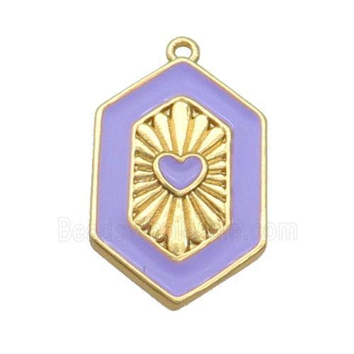 Copper Hexagon Pendant Lavender Enamel Heart Gold Plated