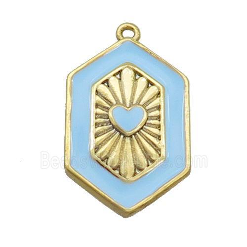 Copper Hexagon Pendant Blue Enamel Heart Gold Plated