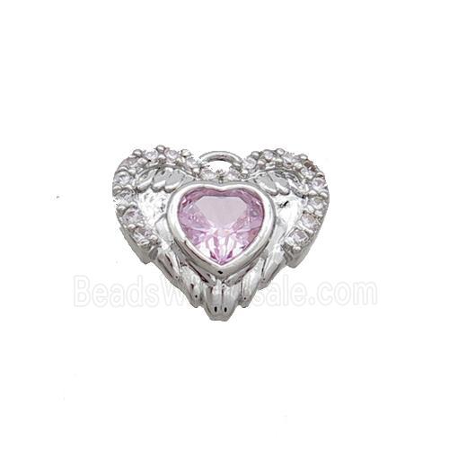 Copper Heart Pendant Pave Zircon Angel Wing Platinum Plated