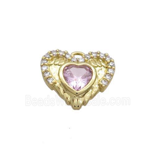 Copper Heart Pendant Pave Zircon Angel Wing Gold Plated