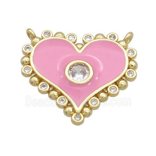Copper Heart Pendant Pave Zircon Pink Enamel 2loops Gold Plated