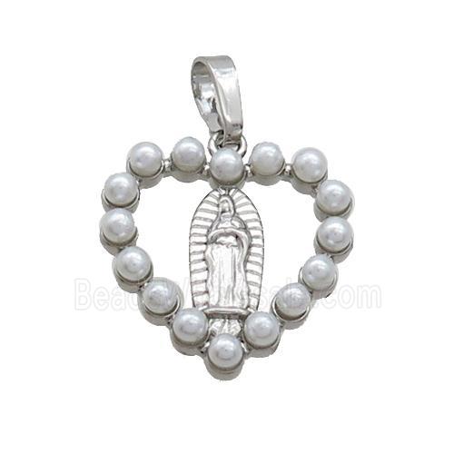 Copper Heart Pendant Pave Pearlized Plastic Virgin Mary Platinum Plated