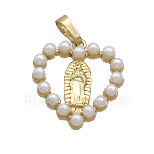Copper Heart Pendant Pave Pearlized Plastic Virgin Mary Gold Plated