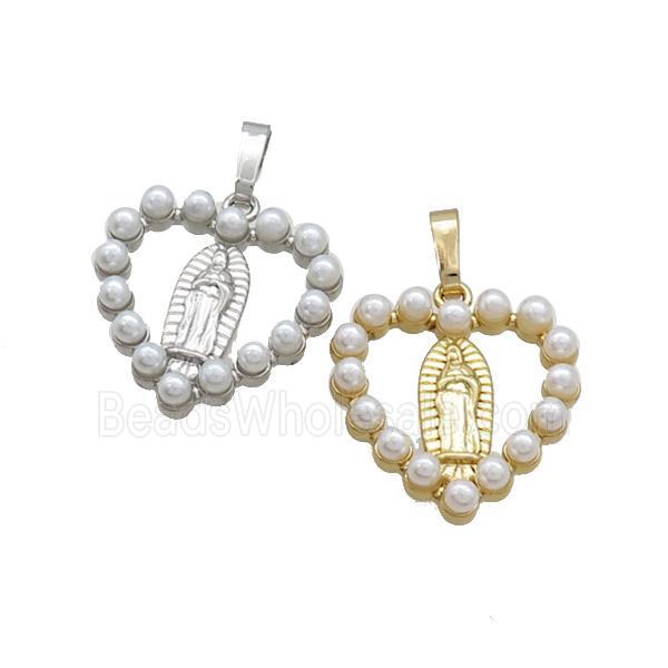 Copper Heart Pendant Pave Pearlized Plastic Virgin Mary Mixed