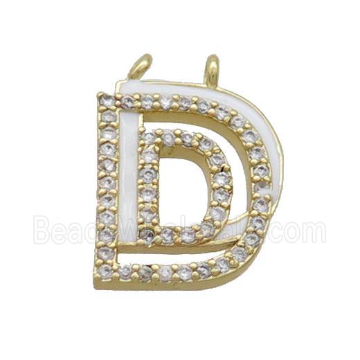 Copper Pendant Pave Zircon White Enamel Letter-D 2loops Gold Plated
