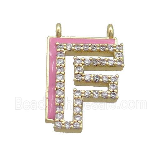 Copper Pendant Pave Zircon Pink Enamel Letter-F 2loops Gold Plated