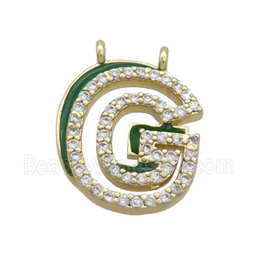 Copper Pendant Pave Zircon Green Enamel Letter-G 2loops Gold Plated