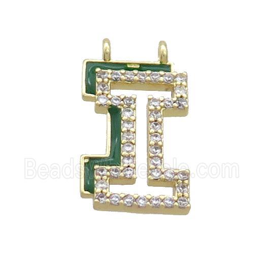 Copper Pendant Pave Zircon Green Enamel Letter-I 2loops Gold Plated
