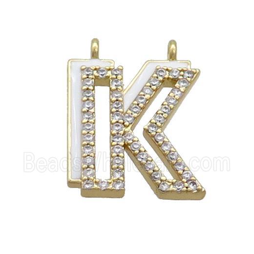 Copper Pendant Pave Zircon White Enamel Letter-K 2loops Gold Plated