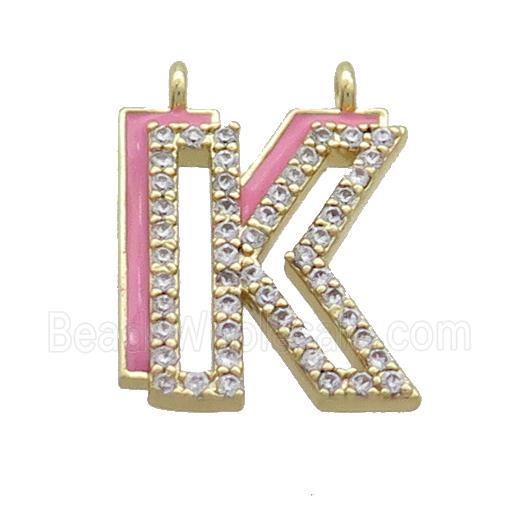 Copper Pendant Pave Zircon Pink Enamel Letter-K 2loops Gold Plated