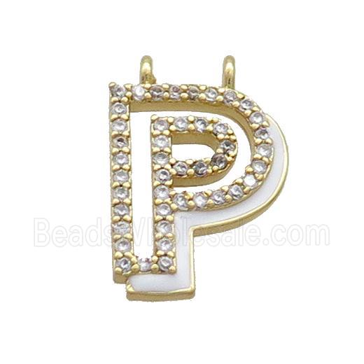 Copper Pendant Pave Zircon White Enamel Letter-P 2loops Gold Plated