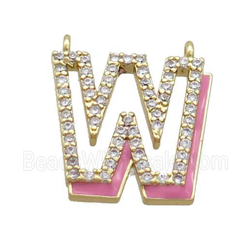 Copper Pendant Pave Zircon Pink Enamel Letter-W 2loops Gold Plated