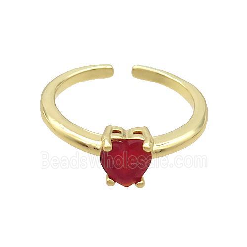 Copper Ring Pave Red Crystal Glass Heart Gold Plated