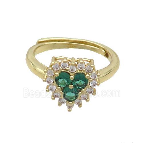 Copper Ring Pave Zircon Green Heart Adjustable Gold Plated