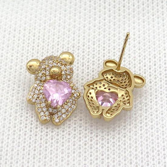 Copper Stud Earring Pave Zircon Bear Gold Plated